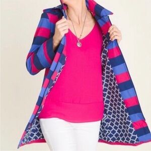 Chico’s NEW Striped Raincoat Pink Navy Hooded Womens L Chico’s 2 Preppy Coastal
